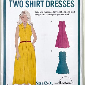 May include: A sewing pattern package titled "TWO SHIRT DRESSES." The package features an illustration of a yellow shirt dress with a brown belt. It also shows two dress variations in pink and teal. The text reads "Mix and match collar variations and skirt lengths to create your perfect frock." Sizes XS-XL.