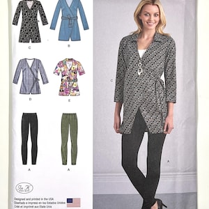 May include: Simplicity sewing pattern 8261 featuring wrap tops and leggings. The pattern includes various designs, such as a long-sleeved wrap top with a geometric pattern, a denim-style wrap top, and leggings. The size range is U.S. 14-22.