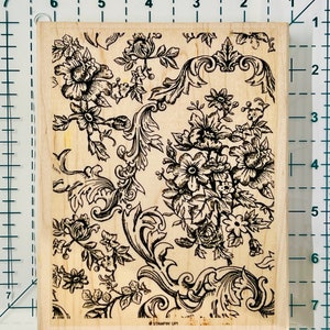 Stampin Up Bella Toile Large Background - 中古、使用済み、ラバースタンプ木製マウント 6.25インチ x 5インチ アート、クラフト、ミックスメディア、カード作り用