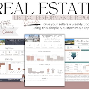 May include: A real estate listing performance report bundle with editable templates. The design includes a monthly update, a weekly update, and a listing performance report. The reports feature charts and graphs with text such as "Listing Performance" and "Market Activity".