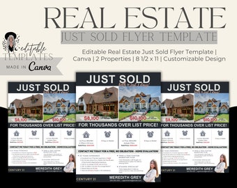 Editable Real Estate Just Sold Flyer Template | Canva | 2 Properties | 8 1/2 x 11 | Customizable Design