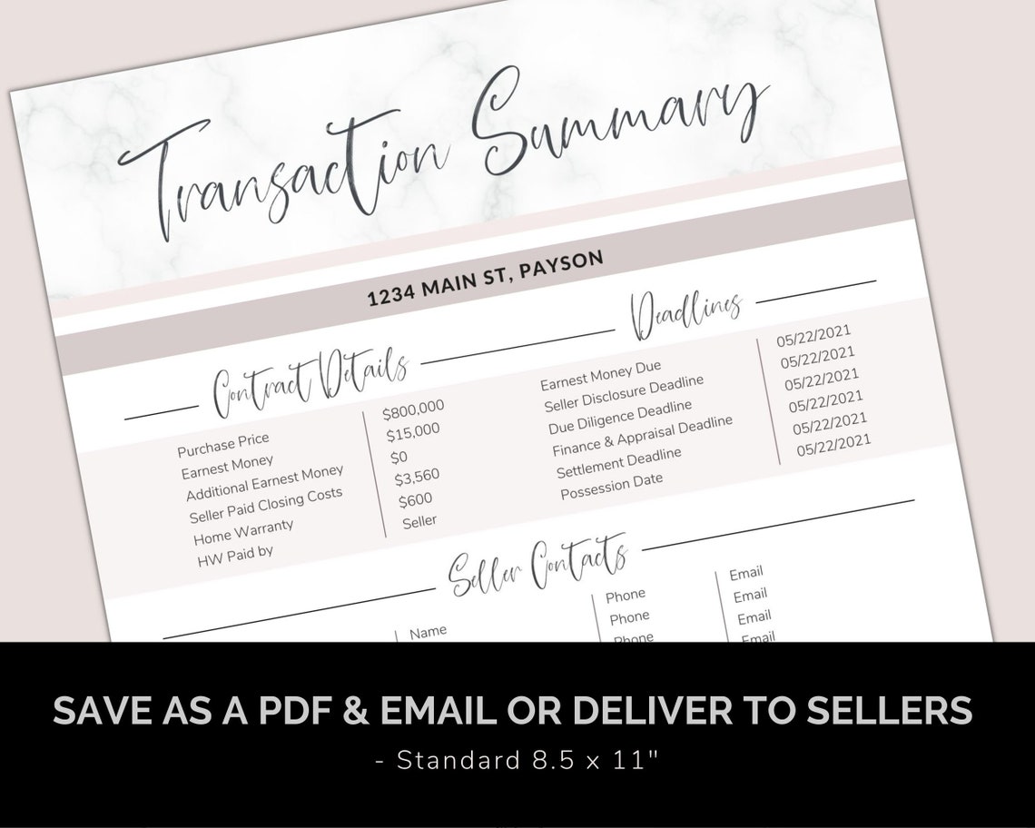 Transaction Summary for Real Estate Canva Template for Etsy