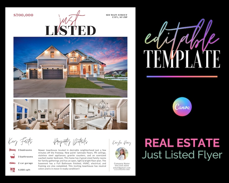 Just Listed Real Estate Flyer Canva Template for REALTORS and Etsy