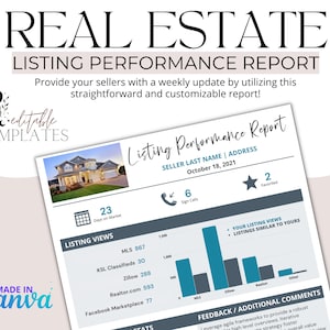 Puede incluir: Una plantilla de informe de rendimiento de listado de bienes raíces azul y blanca con una imagen de casa, un gráfico de barras y el texto "Listing Performance Report" y "Seller Last Name | Address".