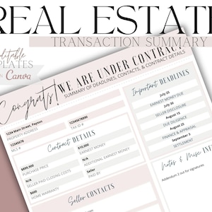 May include: A pink and white printable real estate transaction summary template with the text "Congrats! We are under contract" and a list of important deadlines, contacts, and contract details.