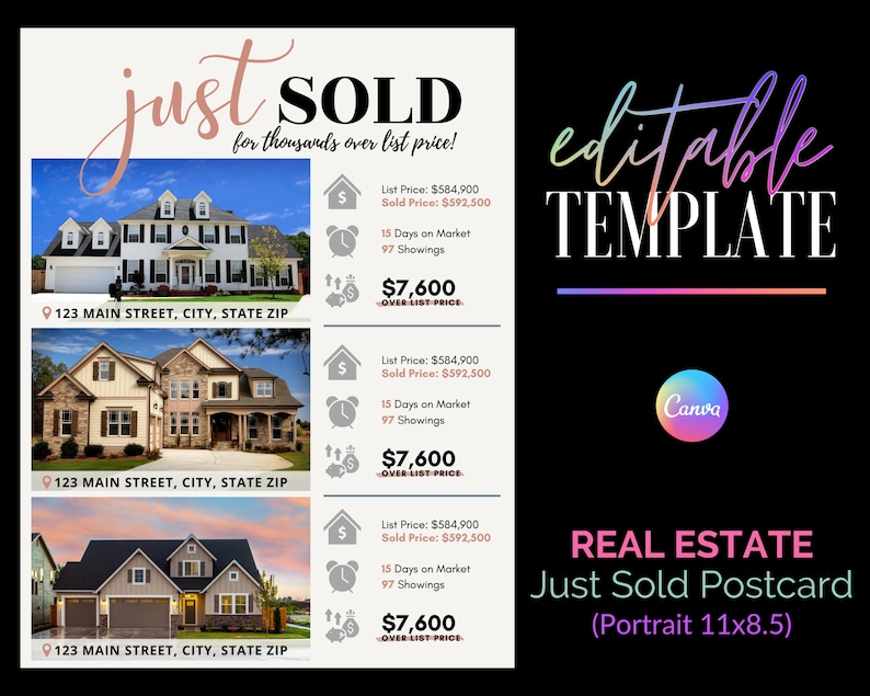 Just Sold Real Estate Postcard Canva Template REALTOR Marketing Real