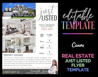 Just Listed Real Estate Flyer Editable Canva Template Realtor Farming Just Listed Mailer Real Estate Agent Marketing Flyer