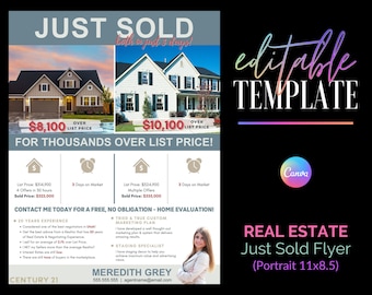 Real Estate Just Sold Flyer Template, Realtor Marketing (Canva Editable)