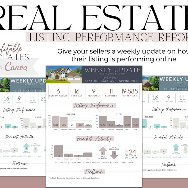 Dépliant sur les performances de la liste des agents immobiliers Modèle immobilier Canva Mise à jour hebdomadaire du vendeur Affichage des commentaires Vues sociales Audit Liste immobilière