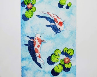 Koi fish swimming in pond with water lilies oil painting print blank stationery notecard greeting card 4 x 6 and 5 x 7 sizes