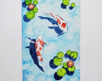 Koi fish swimming in pond with water lilies oil painting print blank stationery notecard greeting card 4 x 6 and 5 x 7 sizes