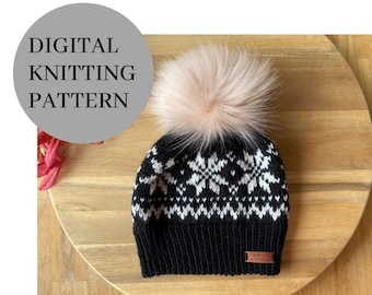 Modello per lavorare a maglia un berretto Fair Isle a 8 fili DK Snowflakes
