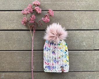Bonnet tricoté main | Bonnet d'hiver épais | Pompon en fausse fourrure | Laine mérinos