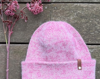 Bonnet Oslo tricoté main | Laine mérinos et mohair | Bordure double | Rose P/M