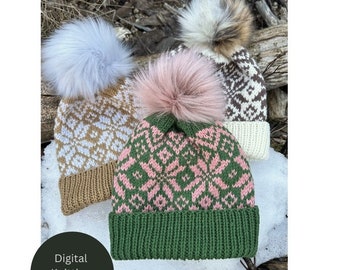 Berretto Fair Isle lavorato a maglia con motivo pettinato / Aran / 10 strati fiocchi di neve