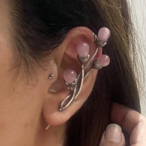 Bar Ear Pin Buds Bar Ear Pin Ear Climber Earring Pink Flower Ear Needle Earring Ear Wrap Ear Crawler Hook Earring