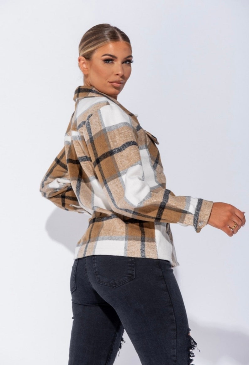 Camel Oversized Checked Patch Pocket Plaid Shacket