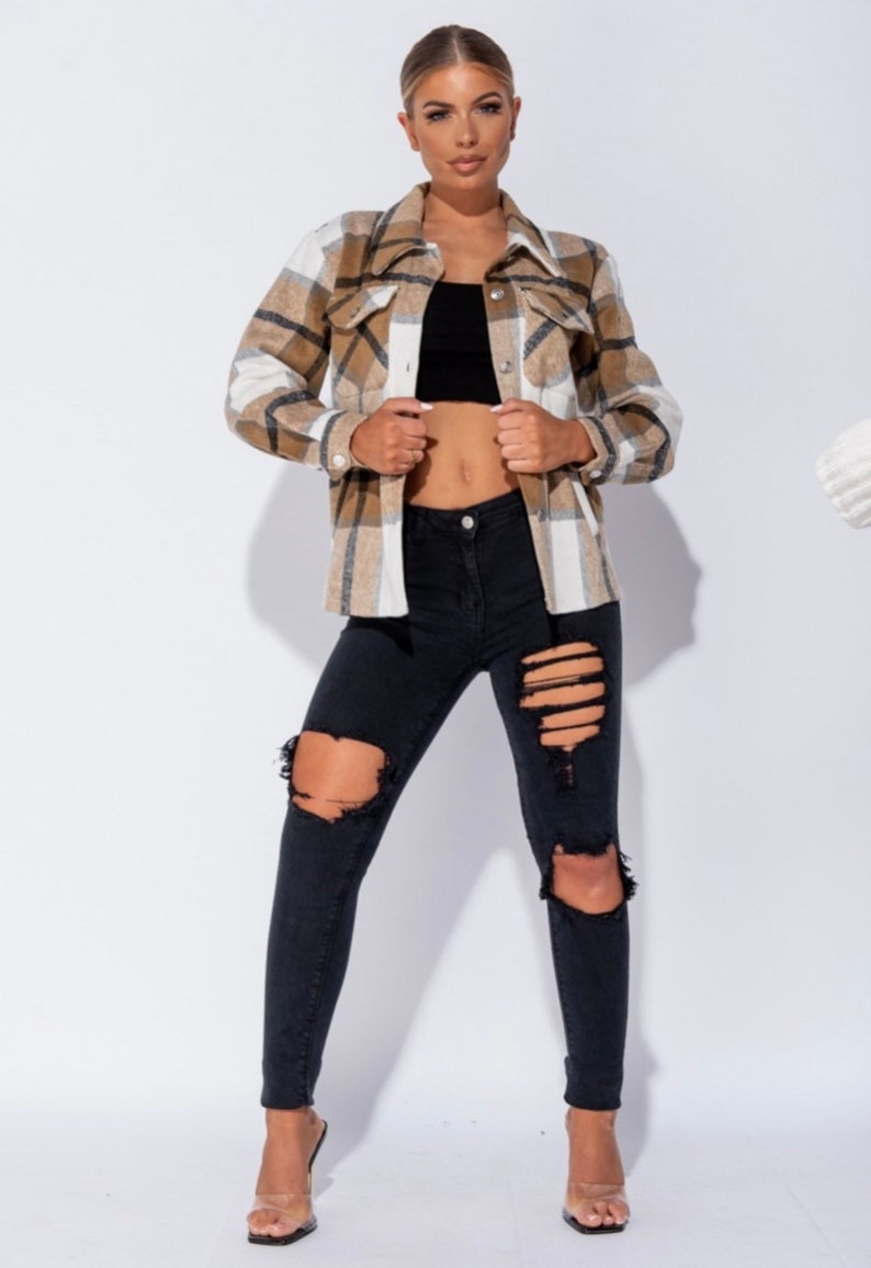 Camel Oversized Checked Patch Pocket Plaid Shacket