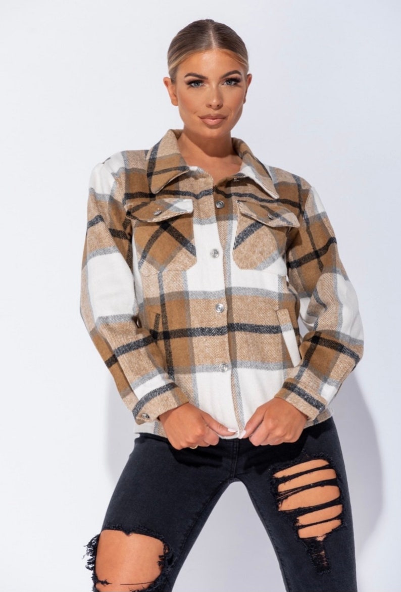 Camel Oversized Checked Patch Pocket Plaid Shacket