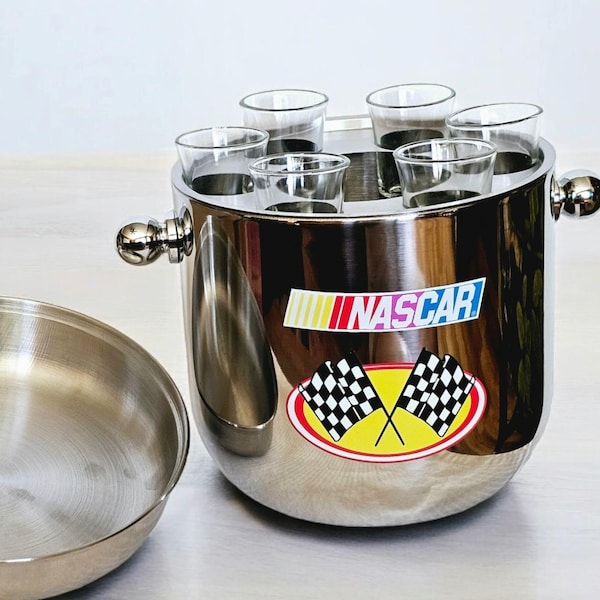 Vintage Godinger Nascar Ice Bucket & 6 Shot Glasses