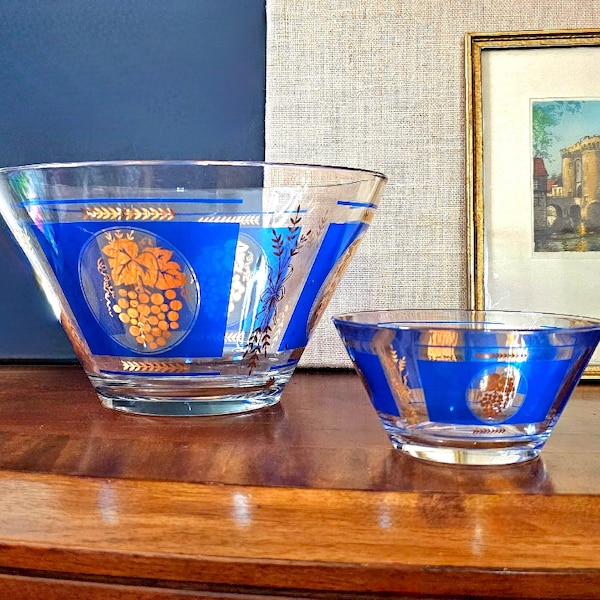 TWO PIECE Set -  MCM Glass Serving Bowls Blue and Gold Grapes Motif 22 kt Gold Blue Vinyl Geometric Barware Chip and Dip set