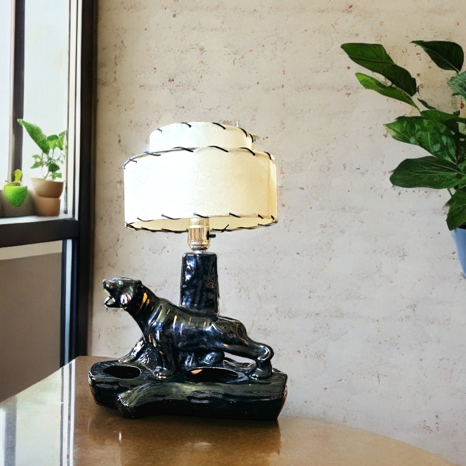 Mid Century Black Panther Lamp WITH Tiered Lamp Shade 1950s