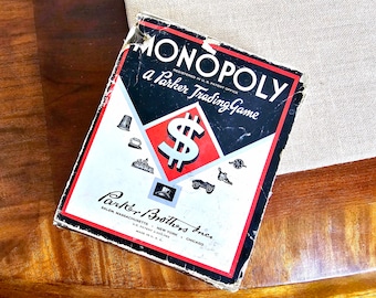 Monopoly A Parker Trading Game 1935 US Single Patent 2026082, Chicago, 6 Metal Pieces, Wood Hotels, Houses and Die