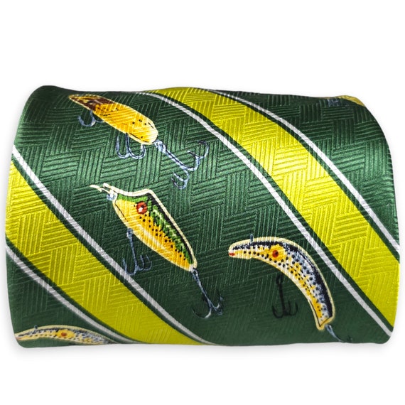 90s Fishing Lures Green Striped Silk Tie Cabelas Sportsman Fisherman Gift,  Measures 60 X 4 