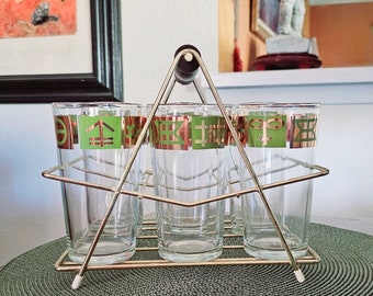 MCM Bar Caddy with 6 Glasses, Green and Gold Rimmed Geometric Borders SIGNED Made in USA, Trademark C C C California Can Co.