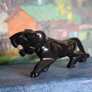 Vintage Black Panther Figurine 8.5&quot; Long Hand Carved Obsidian Fierce Jaguar