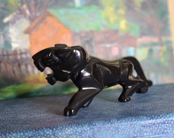 Vintage Black Panther-beeldje 8,5" lange handgesneden obsidian felle jaguar