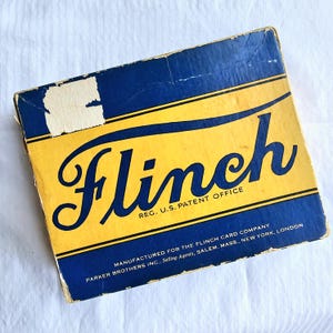 Juego de cartas completo Parker Brothers Flinch de los años 30 en caja azul y amarilla anaranjada