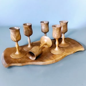 Vintage Wood (Myrtle?) Aperitif Set of 6 Footed Drink Cups and a Serving Tray