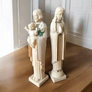 1960s Pair of Religious Figurines Mary and Joseph holding Baby Jesus Gold Trim Robe Lillies Plastic Catholic Statues Hong Kong Star