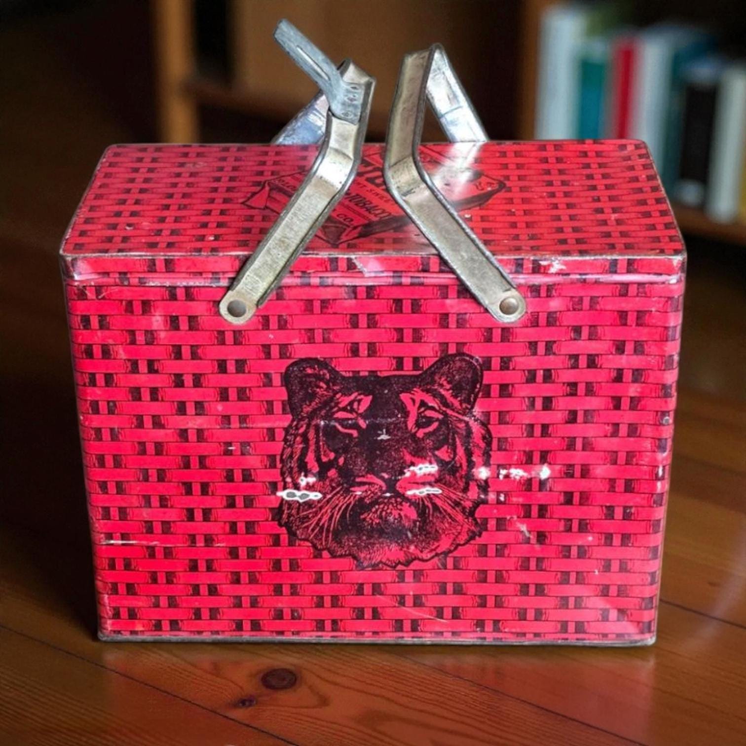 tiger tobacco tin Vintage Red CHEWING Lunch Box Lunchbox with Handles Vintage Tiger Chewing Tobacco Tin