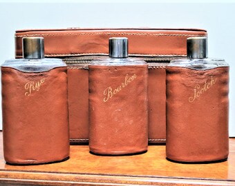 1940s Travel Bar Leather Case with 3 Flasks Portable Pub, Vintage James Bond Mad Men Travel Bar Hard Leather Case Bourbon Whisky Rye