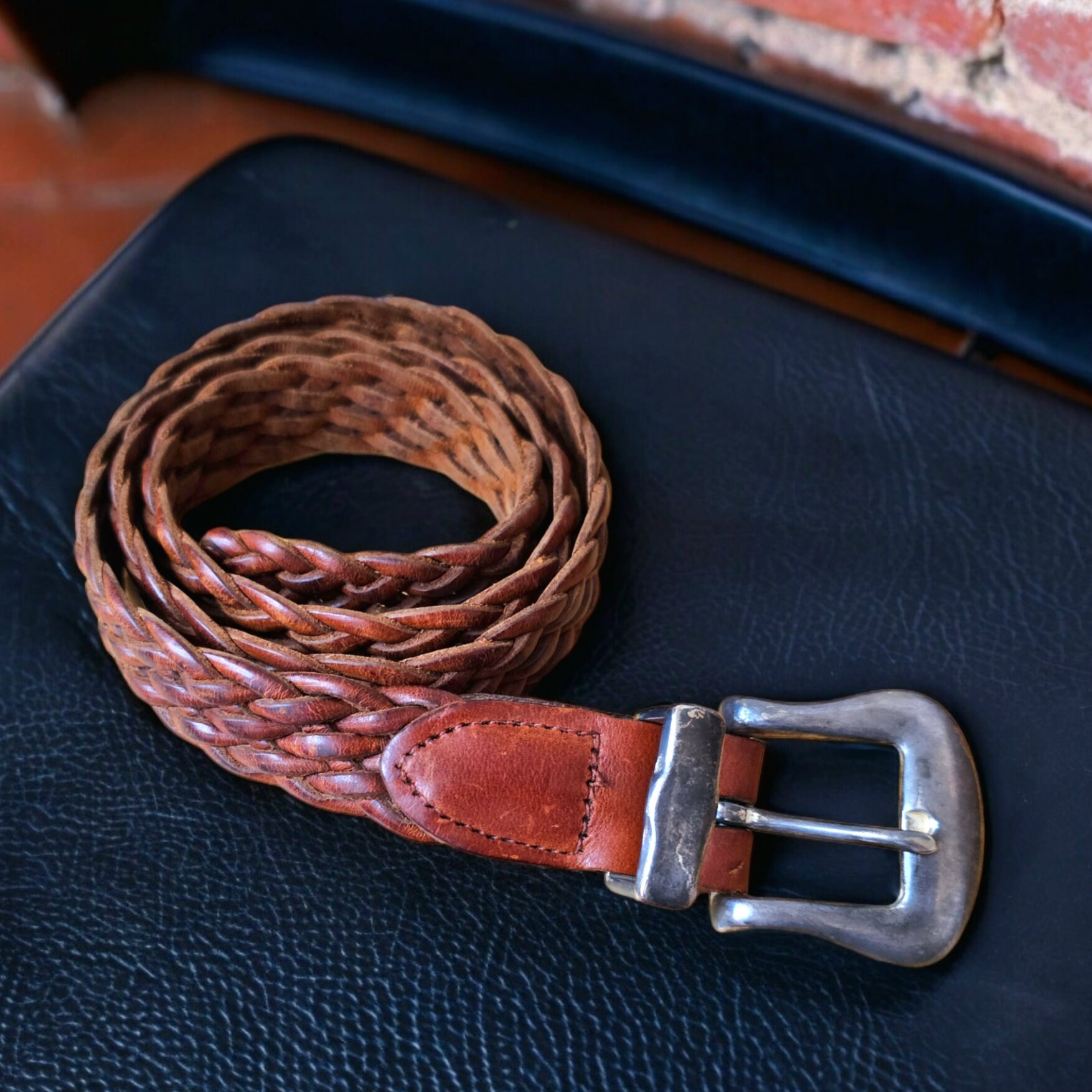 VINTAGE western leather woven belt w/ silver 1996 Brighton Braided Leather & Silver Plated Accents  main image 2