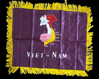 Vintage Vietnam Silk Embroidered Wall Hanging: Purple Souvenir with Fringe