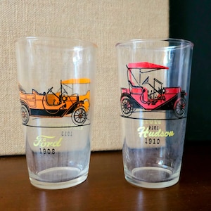 2 Glasses - Hazel Atlas Highballs MCM Barware Antique Automobile Theme Water Glass Car Motif
