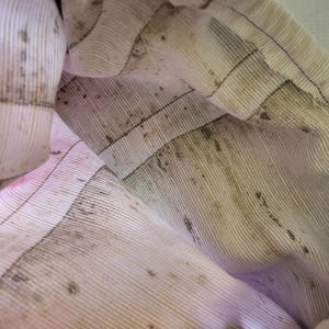 May include: Close-up of a bag's interior lining. The fabric is light beige with vertical stripes and dark brown markings. The lining has a pinkish hue in places.