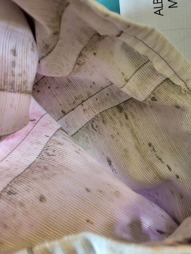 May include: Close-up of a bag's interior lining. The fabric is light beige with vertical stripes and dark brown markings. The lining has a pinkish hue in places.