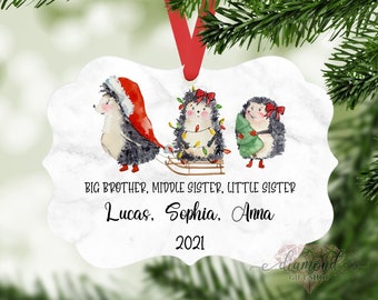 Family Christmas Ornament, Hedgehog Ornament, Personalized Sibling Ornaments, Big Brother Middle Sister Little Sister, Christmas Ornaments