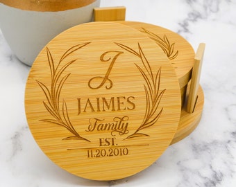 Wedding Coasters, Housewarming Gift, Personalized Coasters, Engraved Coasters, Wood Coasters, Bamboo Coaster Set, Anniversary Coasters