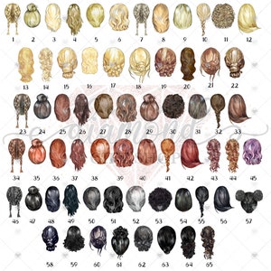 May include: A chart displaying 65 different illustrations of women's hairstyles, each numbered from 1 to 65. The hairstyles are depicted in a watercolour style and feature a variety of colours, lengths, and styles.