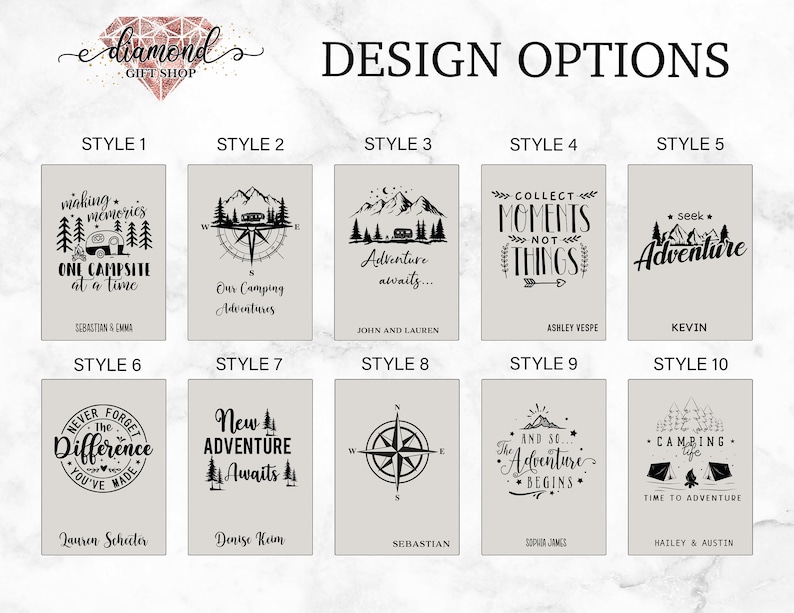 May include: Ten different design options for a camping-themed personalized gift. Each design features a different camping-related quote or image, such as a campfire, a compass, or a camper van. The designs are displayed on a light gray background with black text and images. The names of the styles are listed below each design.