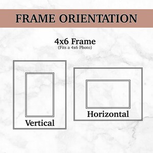 May include: Diagram showing two frame orientations for a 4x6 photo. The first frame is vertical and the second frame is horizontal. The text "4x6 Frame (Fits a 4x6 Photo)" is above the frames.