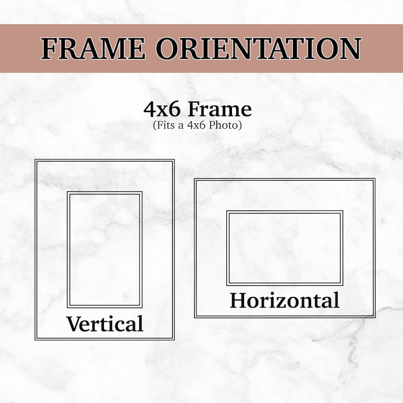 May include: Diagram showing two frame orientations for a 4x6 photo. The first frame is vertical and the second frame is horizontal. The text "4x6 Frame (Fits a 4x6 Photo)" is above the frames.