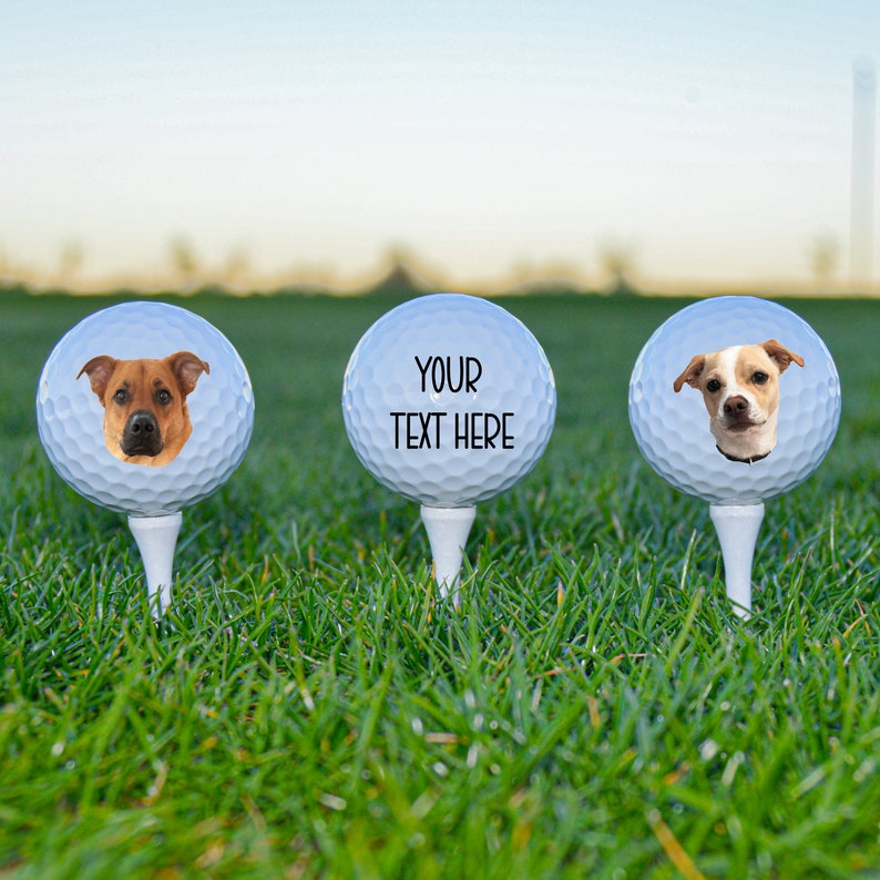 May include: Three white golf balls with images on them. The first ball has a brown and tan dog's face on it. The second ball has the text "YOUR TEXT HERE" on it. The third ball has a white and brown dog's face on it. The balls are on green grass.