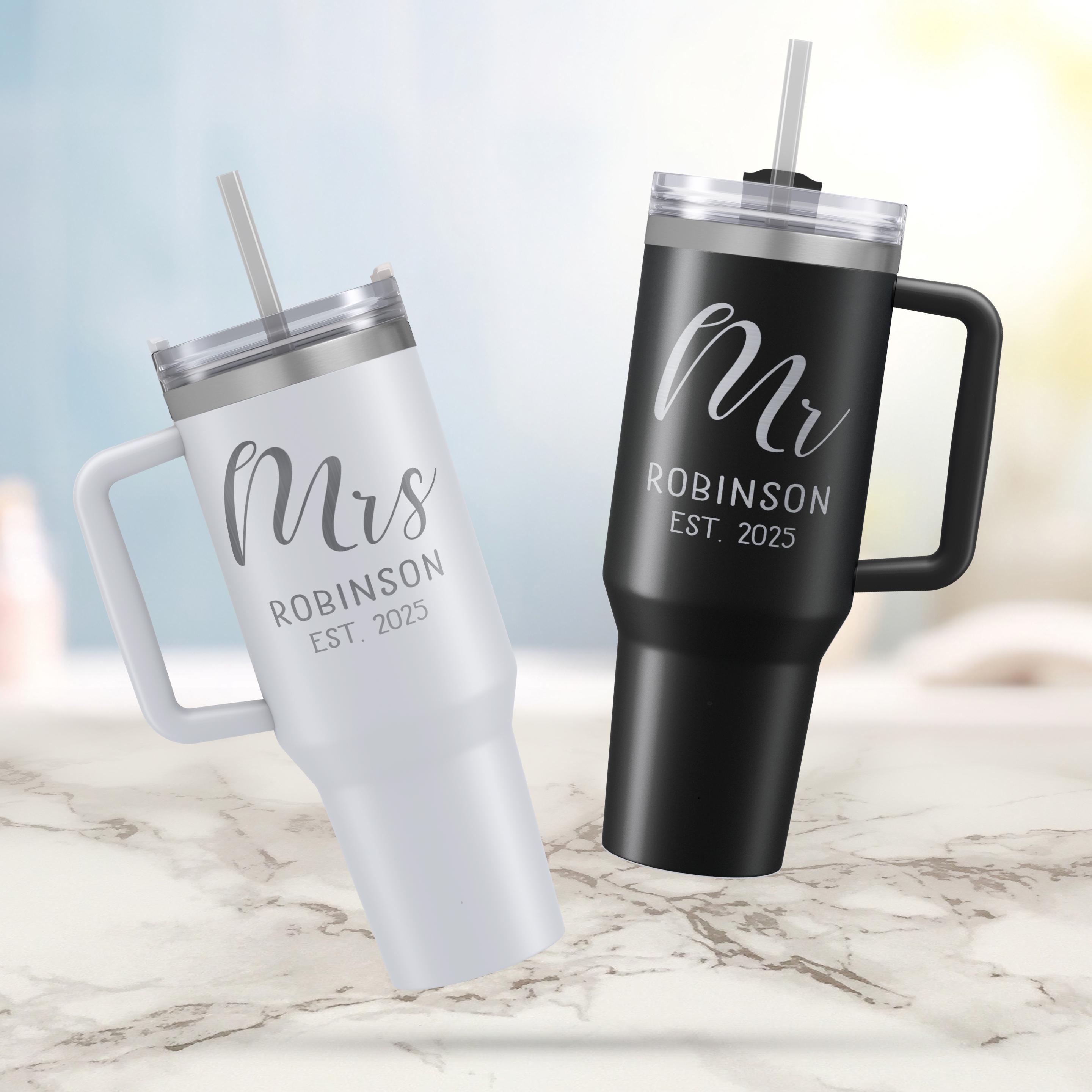Mr & Mrs Stainless Steel Travel Tumbler Set Of 2 - 20 Oz, Black & White, Wedding Engagement Gift - View #3