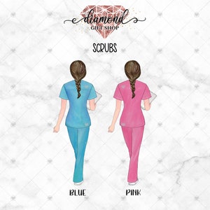 May include: Two illustrations of women wearing scrubs, one in blue and one in pink. The text "Diamond Gift Shop" and "Scrubs" is above the illustrations. The text "Blue" and "Pink" is below the illustrations.